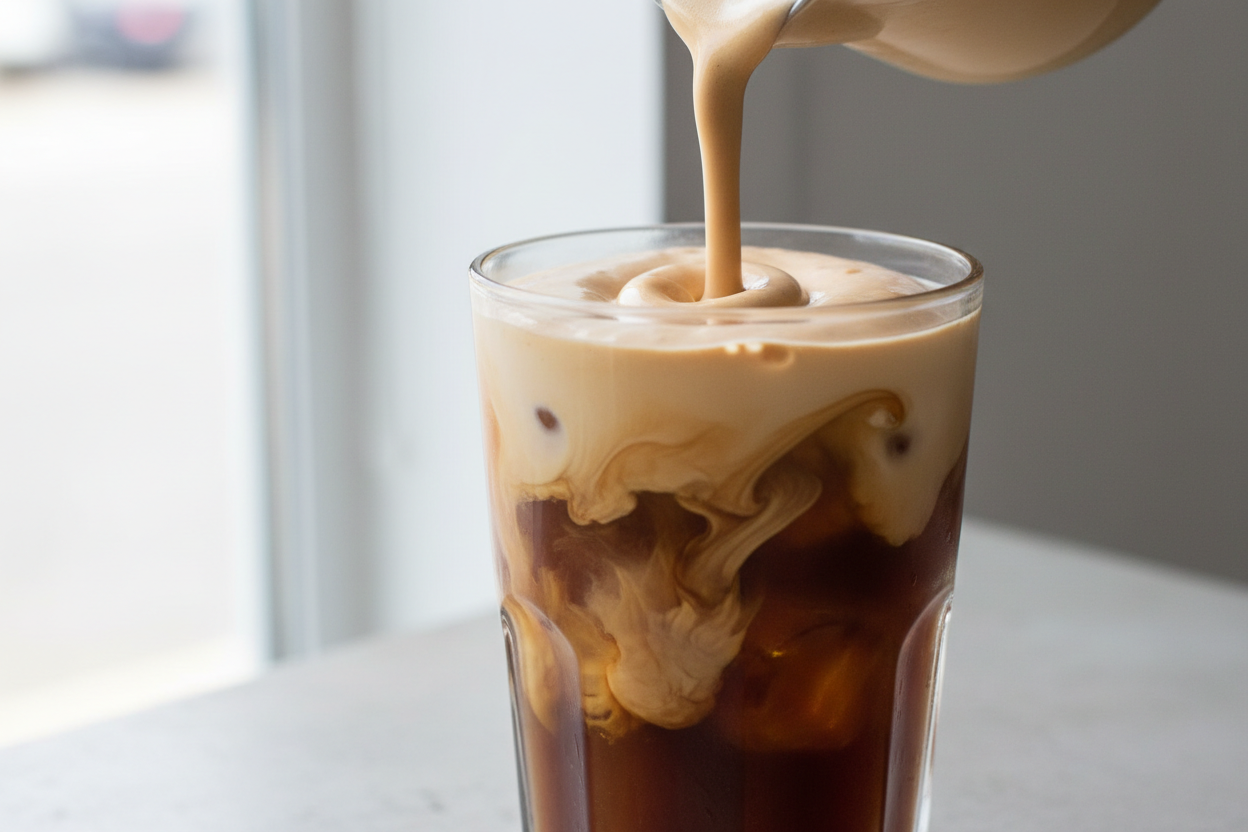 A glass bottle of homemade vanilla syrup with vanilla beans and a small spoon on a clean kitchen counter, warm natural sunlight, minimal cozy 2026 home café aesthetic, premium editorial lifestyle photography, ultra realistic, 16:9 aspect ratio, no text