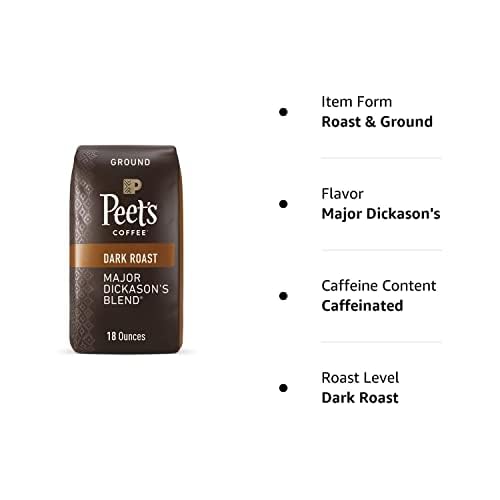 Peet's Coffee, Dark Roast Ground Coffee - Major Dickason's Blend 36 Ounces (2 Bags of 18 Ounces)