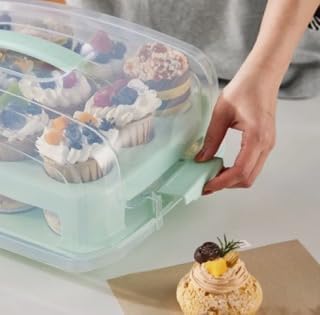 Cupcake Carrier, Green Cupcake Holder Carries 24 Standard-Size Cupcakes, Muffin Traveler Two Tier Stand Reusable Cupcake Box