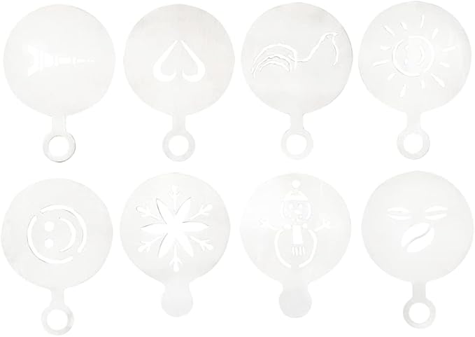 Restaurantware Restpresso 4.75 Inch Latte Stencil Set 8 Heat-Resistant Coffee Stencils - Coffee Art Templates Decorate Cupcakes Cakes or Cookies Stainless Steel Cappuccino Stencil Set