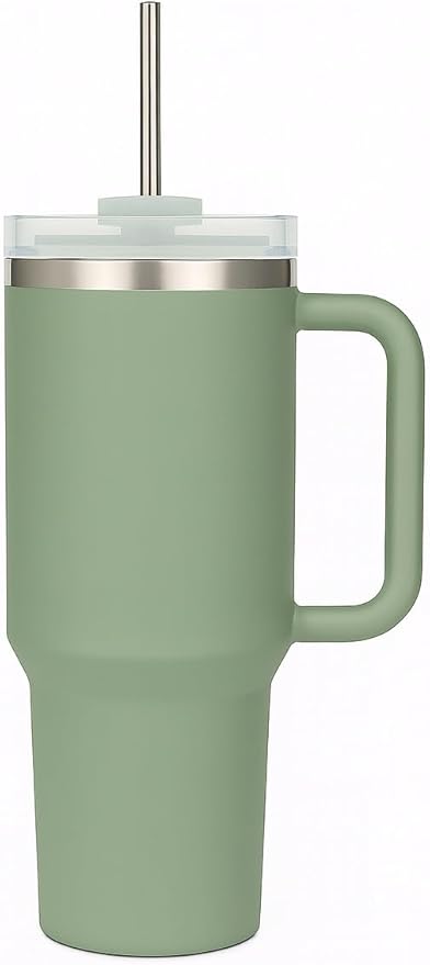 40oz Stainless Steel Tumbler with Handle & Metal Straw – Insulated Double Wall Travel Mug with Lid, Large Coffee Cup for Hot & Cold Drinks, Fits Car Cup Holders