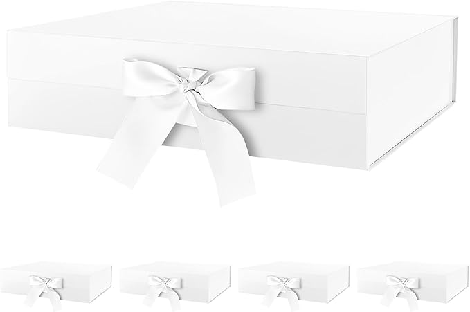 HAPPY POTATO 5 Large Gift Boxes with Lids and Ribbon 13.5x9x4.1 Inches, Bridesmaid Proposal Boxes, Magnetic White Gift Boxes for presents (Glossy White, Pack of 5)