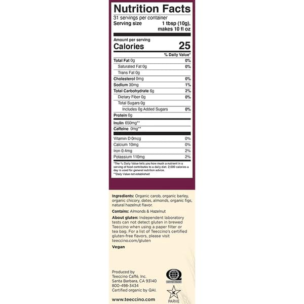 Teeccino Hazelnut Chicory Coffee Alternative - Ground Herbal Coffee That’s Prebiotic, Caffeine Free & Acid Free, Medium Roast, 1.1 Pound