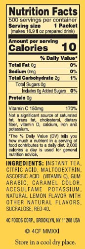 4C Powder Drink Stix, Lemon Tea 500 Count, Bulk Buy, Singles Stix, On the Go, Refreshing Water Flavorings, Value Pack