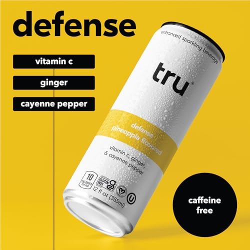 Tru Defense Seltzer, Sparkling Water with Vitamin C, Ginger Extract, Cayenne Pepper & Real Pineapple Juice, Sweetened with Monk Fruit & Stevia, Gluten Free, Vegan, Caffeine Free, 12 FL OZ Can, 12 Pack
