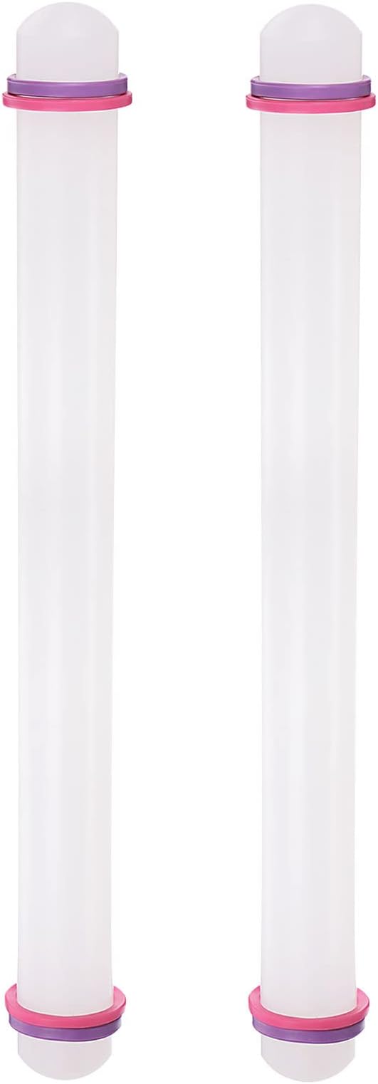 HARFINGTON 2pcs Fondant Rolling Pin with Rings PP 43cm x 3.5cm Non Stick for Baking, White