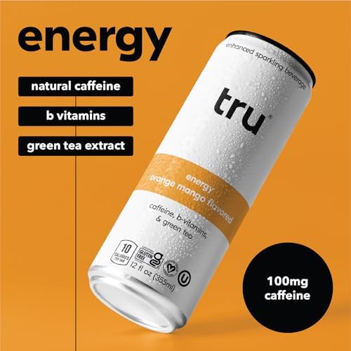 Tru Energy Seltzer, Sparkling Water with Natural Caffeine, Orange Mango Juice, Green Tea Extract & B Vitamins, Lightly Carbonated Energy Drink, Gluten Free, Vegan, Low Calorie, 12 FL OZ Cans, 12 Pack
