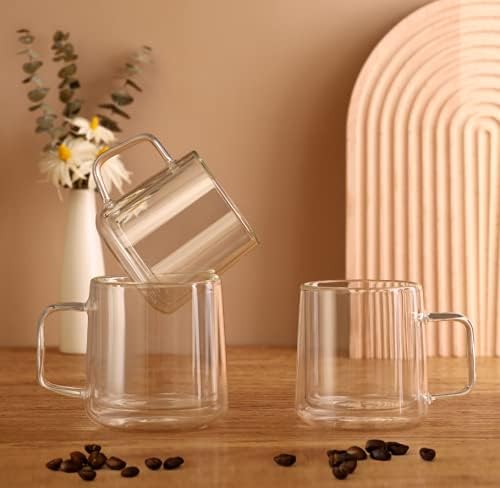 CNGLASS 10oz Glass Coffee Mugs,Double Wall Insulated Glass Mugs with Handle,Clear Espresso Mug for Latte,Cappuccino,Tea Bag,Set of 4