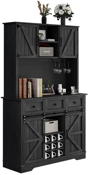 4 EVER WINNER 72" Coffee Bar Cabinet with Sliding Barn Door & Wine Racks, Hutch Cabinet with Storage and 3 Drawers, Farmhouse Coffee Bar with Wine Glass Holder for Dining Room Kitchen (Rustic Oak)