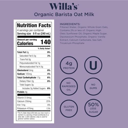 Willa's Organic Barista Oat Milk - Barista Blend Unsweetened Oatmilk and Creamer, Non-GMO, Shelf Stable, Low Sugar, Non-Dairy Milk, Made from Whole Grain Oats, For Foams and Froth, 32oz, Pack of 1