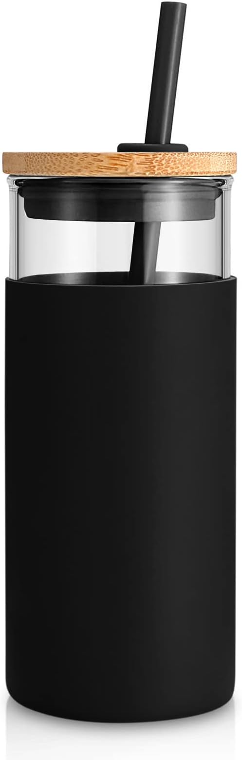 Tronco 20 oz Glass Tumbler with Lid and Straw, Reusable Iced Coffee Cup with Silicone Sleeve & Bamboo Lid, Smoothie Cup for Home, Office, for Father Men Day Gift from Wife Daughter Son (Black)