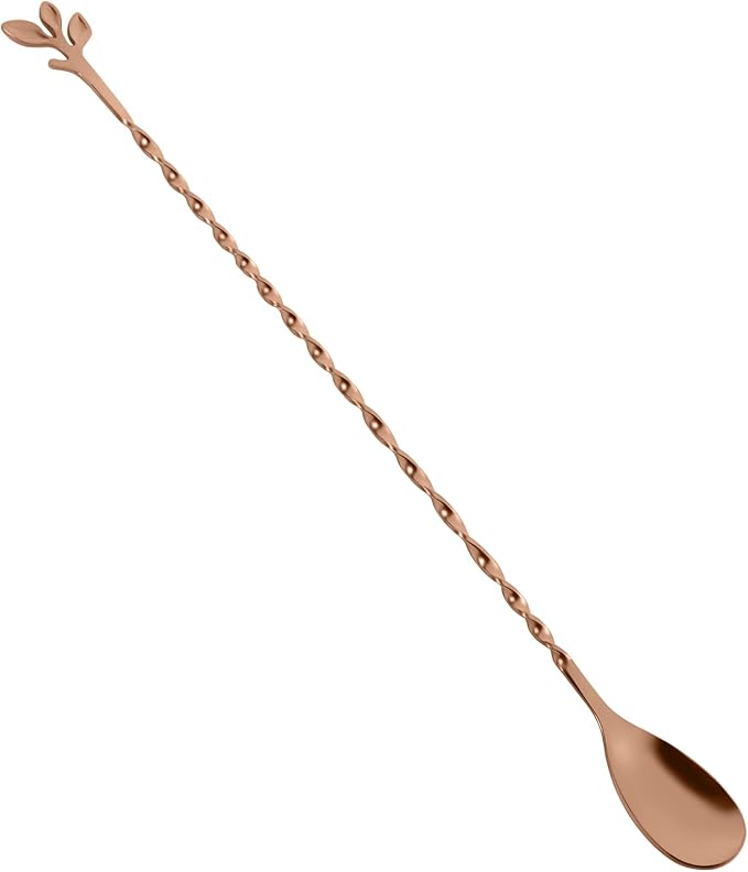 AnSaw Rose Gold 12-Inch Stainless Steel Cocktail Spoon with Leaf Handle - Perfect for Mixing & Layering Drinks in Tall Cups, Bar & Shakers - Durable Long Handle Bar Stirrer,1-Pieces
