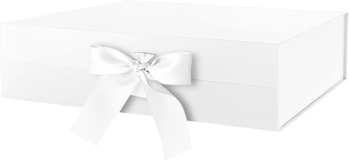 HAPPY POTATO Large Gift Box with Lid 13.5x9x4.1 Inches, White Gift Box with Ribbon, Magnetic Gift Boxes for presents (Glossy White)