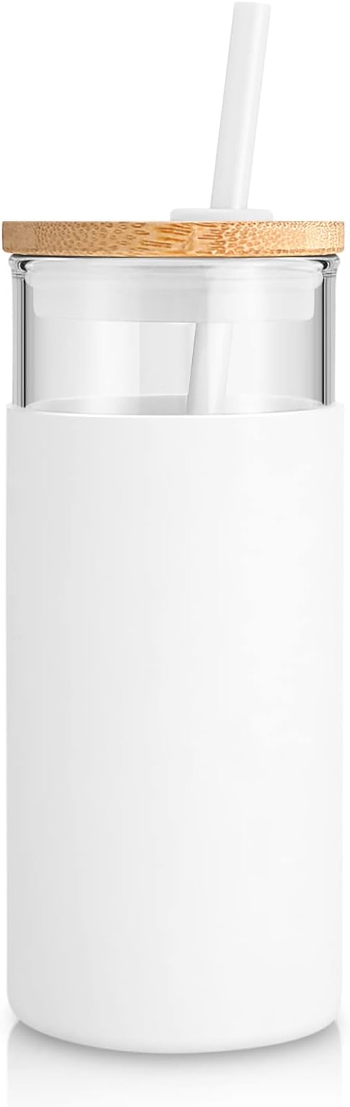 Tronco 20 oz Glass Tumbler with Lid and Straw, Reusable Iced Coffee Cup with Silicone Sleeve & Bamboo Lid, Smoothie Cup for Home, Office, for Father Men Day Gift from Wife Daughter Son (White)