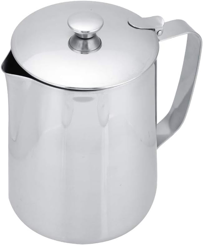 Stainless Steel Coffee Steaming Pitcher - Milk Frothing Cup with Lid for Espresso Machine - Latte Coffee Art (600mL)