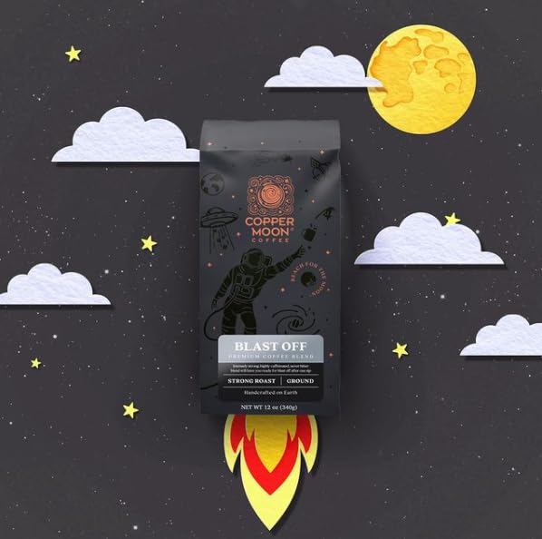 Copper Moon Ground Coffee, High Caffeine Blast Off Blend, Strong Roast, 3 Bags (12 oz. Each)