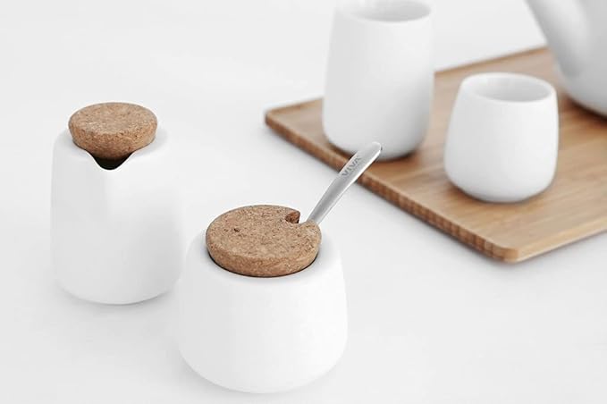 Viva Nicola White Sugar and Creamer Set, Porcelain Coffee and Tea Serving Set - Cream Pitcher and Sugar Bowl with Cork Lid and Metal Spoon, 7oz / 200ml Milk and Sugar for Coffee Bar