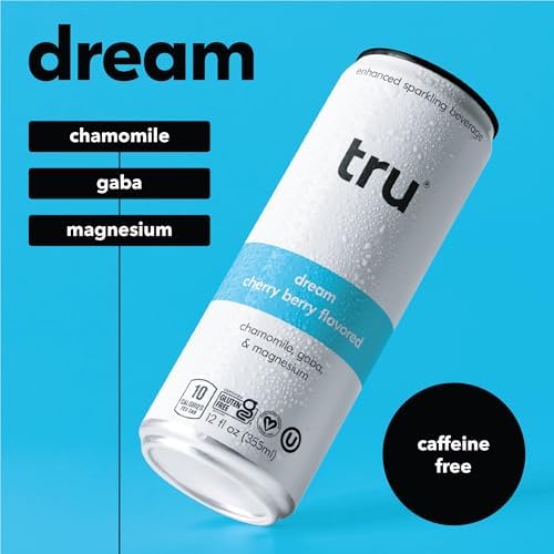 Tru Dream Seltzer, Cherry Berry, Sparkling Water with Chamomile, GABA, Magnesium & Tart Cherry Juice, Sweetened with Monk Fruit & Stevia, Gluten Free, Vegan, Caffeine Free, 12 FL OZ Cans, 12 Pack