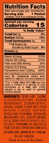 4C Powder Energy Rush Stix, Energy Rush - Orange 350 Count, Bulk Buy, Singles Stix, On the Go, Refreshing Water Flavorings, Value Pack