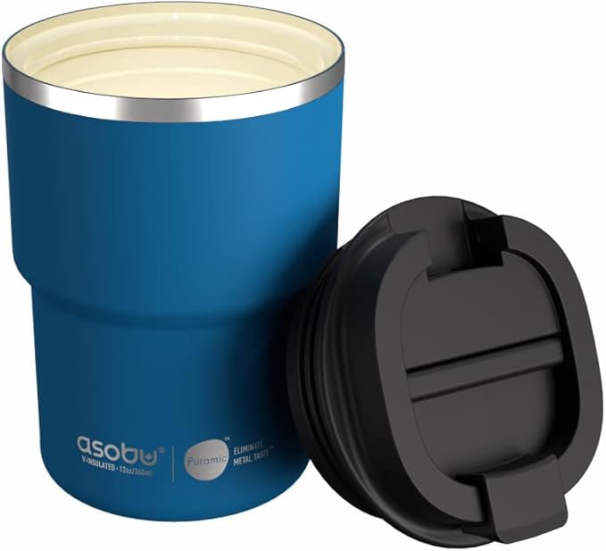 asobu Travel Mug Ceramic Coated Stainless Steel Insulated with Leak and Spill Proof Lid – Fits Standard Cup Holders 12 oz Tumbler (Blue)