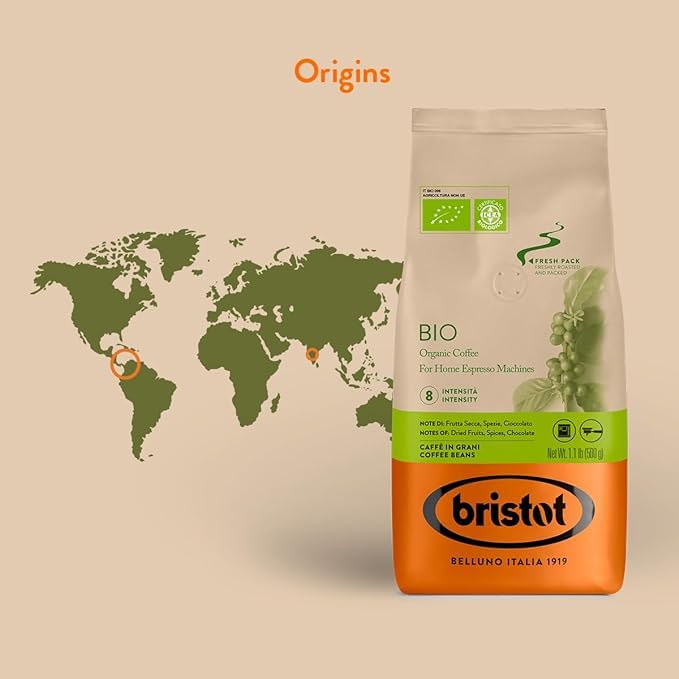 Bristot Bio Organic Italian Espresso Beans | Italian Whole Beans | Medium Roast | 1.1lb/500g (Pack of 2)
