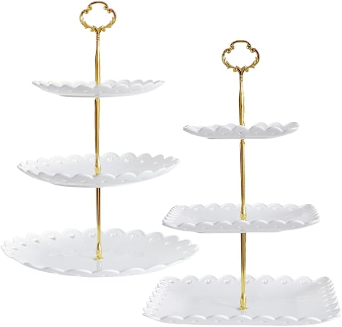 RAUVOLFIA 2 Pack of Plastic Round & Square Dessert Cupcake Stand, 3 Tier Cup Cake Holder Tower for Tea Party/Birthday/Wedding, Plastic Tiered Serving Tray (White)