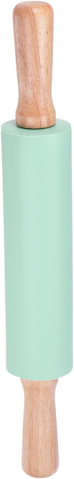 HARFINGTON Silicone Rolling Pins for Baking 14.96 Inch Non-Stick Silicone Surface Wooden Handle Rolling Pin Small Roller Playdough Rolling Pins for Fondant Kitchen Dough Pizza, Green