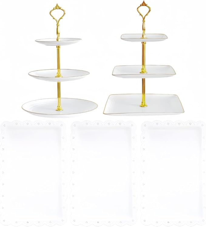 RAUVOLFIA 5 Pcs Dessert Table Stand Set - 2 X 3 Tier Plastic Cupcake Display Stands Cookie Tray Rack Serving Tower & 3 Pcs Trays for Wedding Baby Shower Tea Party