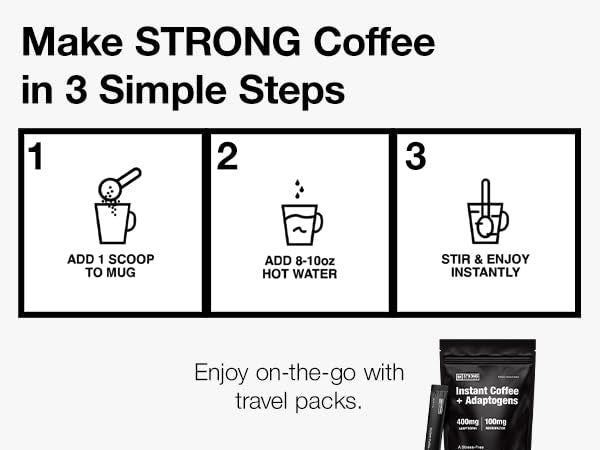 STRONG COFFEE COMPANY Organic Instant Black Coffee - Individual Servings, Extreme Focus, Adaptogen Coffee, No Jitters, No Crash (1, 30 Packets)