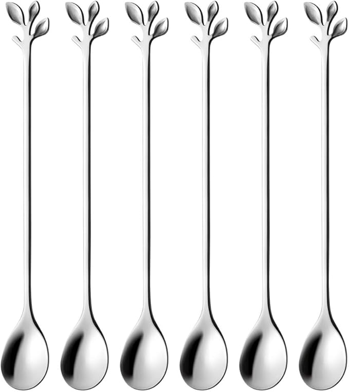 AnSaw 6-Piece Elegant Silver Leaf Long Handle Teaspoons - 7.4" Stainless Steel Stir Spoons for Coffee & Tea, Perfect for Mixing & Stirring