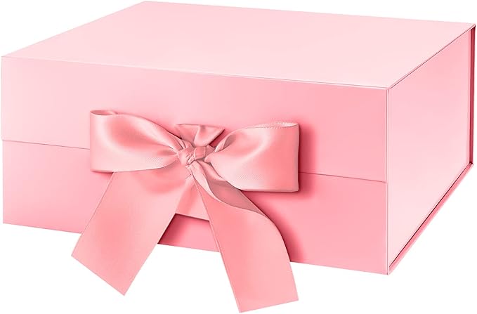 HAPPY POTATO Gift Box for Presents with Ribbon 9x6.5x3.8 Inches, Pink Gift Box with Lid, Bridesmaid Proposal Box (Glossy Pink)