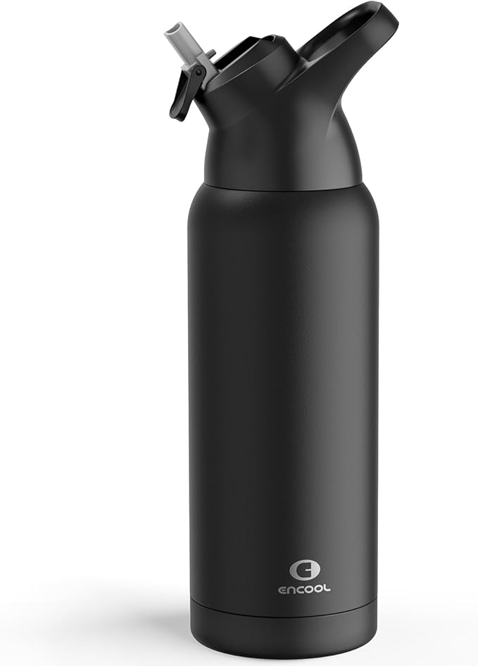 Insulated Water Bottle with Straw - Encool Stainless Steel Water Bottle, Reusable Leakproof and BPA-Free for Sports, Travel, Cold for 24 Hours, 32 oz, Black Night