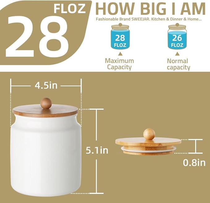 Sweejar Ceramic Kitchen Canisters, 28 FLOZ Porcelain Food Storage Jar with Airtight Seal Wooden Lid, Home Container Serving for Coffee Beans, Tea-leave, Sugar, Salt and More, Tool Bucket (White)