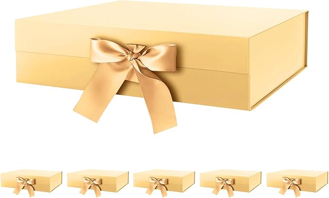 HAPPY POTATO 6 Large Christmas Gift Boxes with Lids and Ribbon 13.5x9x4.1 Inches, Bridesmaid Proposal Boxes, Gold Gift Boxes for presents (Glossy Gold, Pack of 6)
