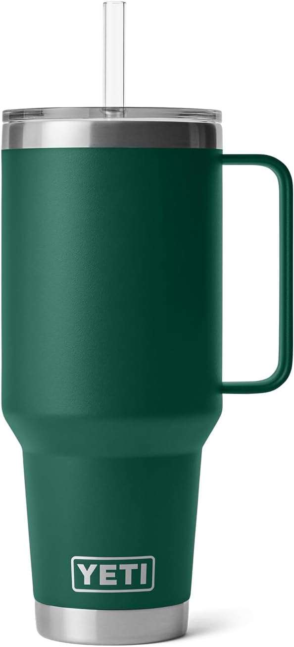 YETI Rambler 42 oz Tumbler with Handle and Straw Lid, Travel Mug Water Tumbler, Vacuum Insulated Cup with Handle, Stainless Steel, Black Forest Green