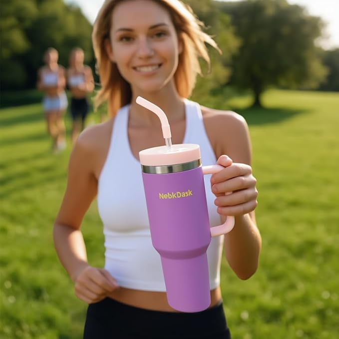 40 oz Water Bottle with Handle & Straw – Insulated Stainless Steel Bottle, Leakproof, Fits in Cup Holder – Reusable Cold Drink Thermos for Women & Men (Pink)