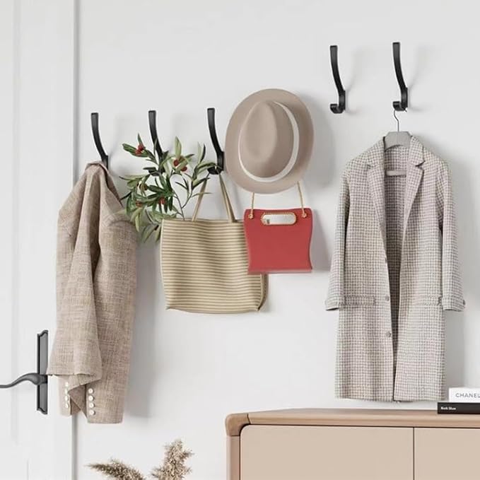 6 Pack Hanging Coat Hooks Wall Mount, Coat Hanger Wall Hangers, Metal Hooks for Hanging Heavy Duty, Screw in Hooks for Hanging Towels, Clothes, Backpack, Hat, Bag, Jacket, Key, Robe, Backpack Black