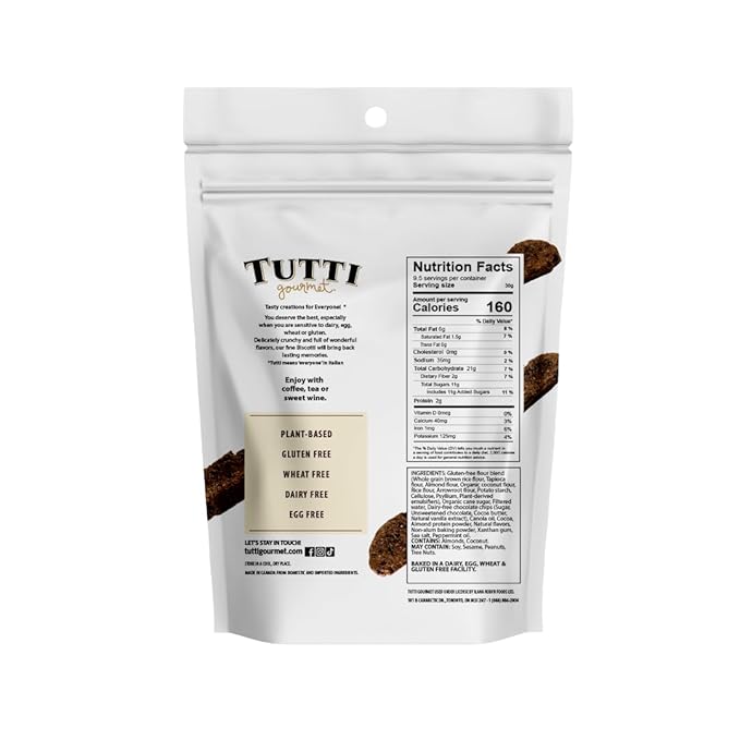 Tutti Gourmet Gluten Free Chocolate Mint Biscotti, 9.9 oz (283g) Resealable Cookie Bag - Vegan and Halal Snacks