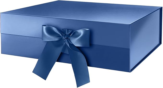HAPPY POTATO Large Gift Box with Lids and Ribbon 13.5x9x4.1 Inches, Groomsman Proposal Box, Magnetic Blue Gift Box for presents (Glossy Blue)