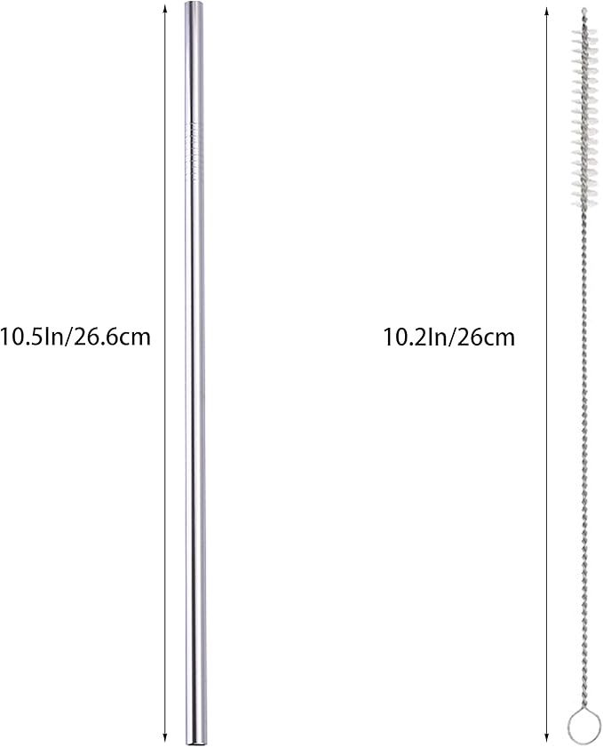 10 Pcs Stainless Steel Straws, Reusable Drinking Straws, Straight Metal Straw Sets with 2 Pcs Cleaning Brushes (10.5 Inch, Silver)