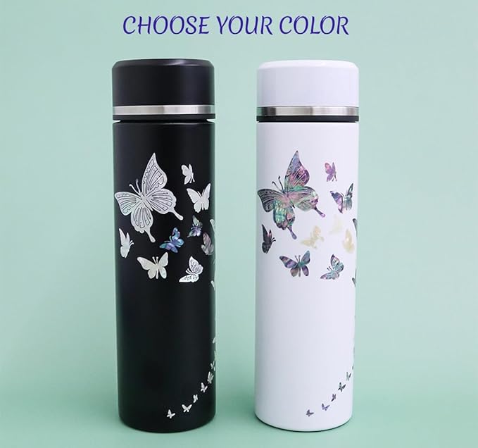 Mother of Pearl Design Stainless Steel Water Bottle with Tea Infuser Strainer 17 oz Leakproof Screw Cap Wide Mouth Double Wall Vacuum Insulated Travel Sport Water Flask Thermo Mug (Butterfly Black)