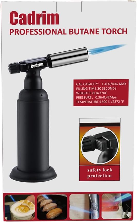 Cadrim Butane Torch, Refillable Pro Culinary Blow Torch Double Fire Cooking Torch and Small Adjustable Flame Kitchen Torch for Creme Brulee, Baking BBQ (Jat black)