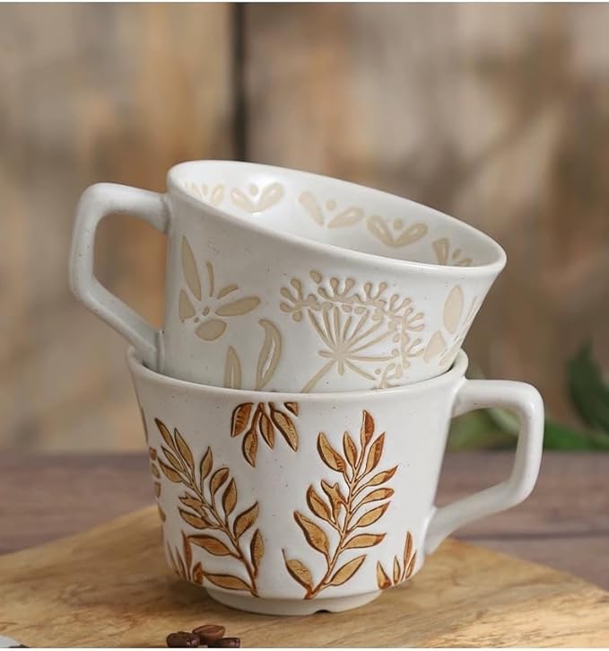 Ceramic Mug Set of 4 with Coffee Spoon, 11oz - Vintage Coffee Mug Cups for Coffee Milk Latte Cappuccino Tea, Porcelain Coffee Cups Dishwasher Microwave Freezer Safe Stoneware