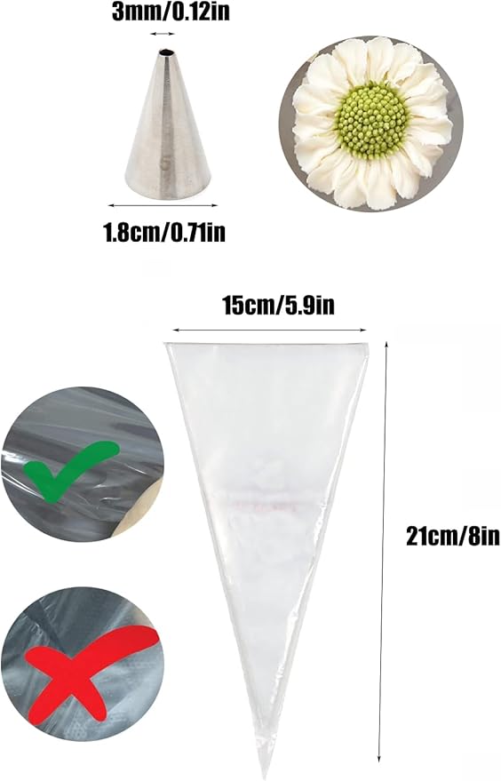 #5 Piping Tip and Bag Set – 3 Round Decorating Tips & 20 Disposable 8" Bags for Dots, Bead Borders, Writing & Designs