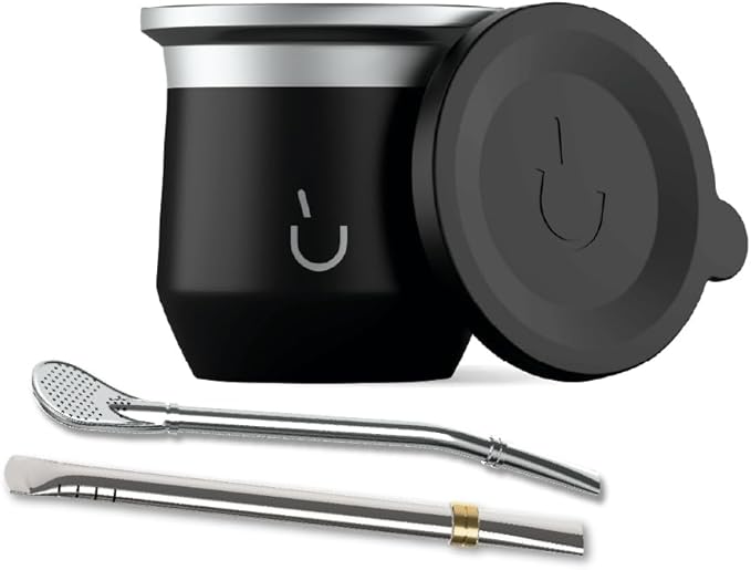 BALIBETOV Yerba Mate Cup – Vacuum Insulated Stainless Steel Gourd with Silicone Cover & Non-Slip Base – Includes 2 Bombillas & Cleaning Brush – Unique Design, Easy to Clean