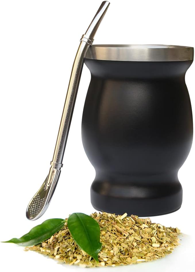 Beruth Bombilla Yerba Mate Gourd, 8oz Stainless Steel Tea Cup Set with a Multifunctional Lid, Two Straws and Cleaning Brushes, Double Walled Coffee Mug Heat Insulation Anti Scalding BR2302 (Black)