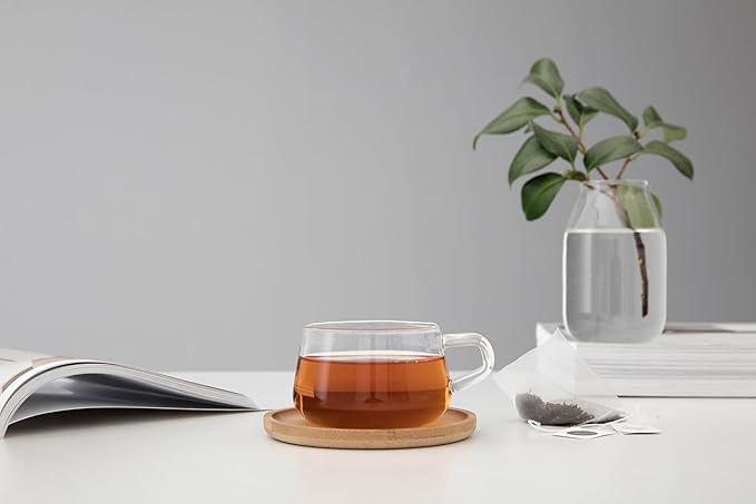 VIVA Classic Glass Coffee Mug or Tea Cup and Saucer Made of Bamboo Wood - 9 oz / 250ml - Perfect for Cappuccinos, Macchiatos, and lattes