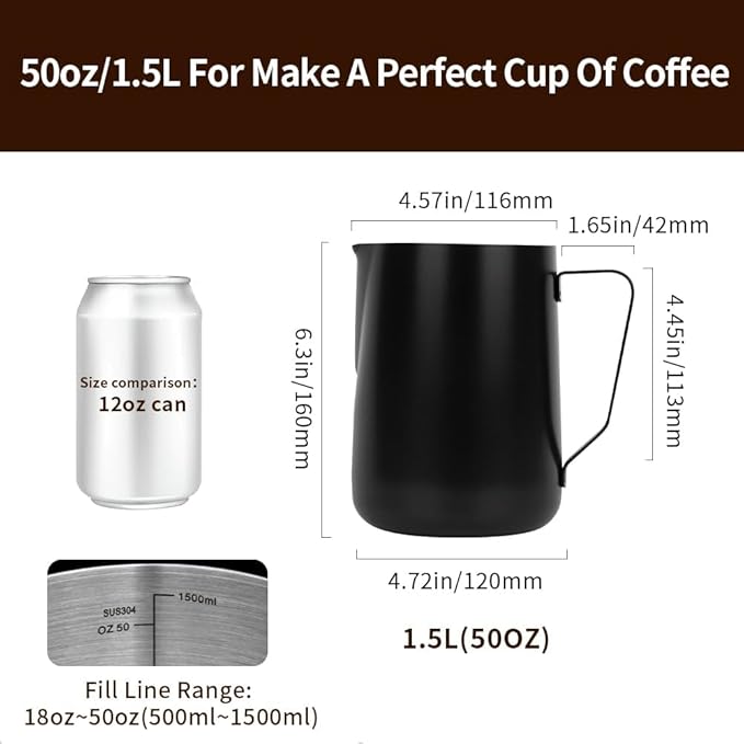 watchget Milk Frothing Pitcher 50oz/1500ml - Stainless Steel Espresso Steaming Pitcher for Cappuccino, Latte Art, Coffee Machine Accessories Milk Jug Frother Cup, Black
