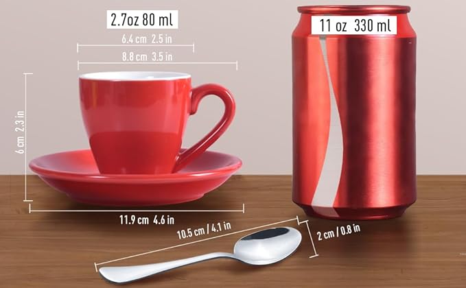 homEdge Porcelain Espresso Shot Cup Set with Saucers and Stainless Steel Spoons - 80 ml / 2.67 oz, Set of 4, Red