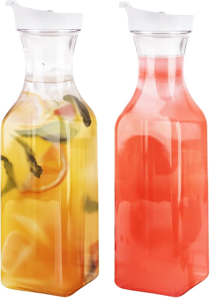 GUSTO [50 oz - 2 Pack] Plastic Carafe with Lid, Large Capacity Square Base - Clear Pitcher with Flip Top Lid, Easy-Pour Spout Juice Containers with Lids, Hand Wash Only - Perfect for Mimosa Bar